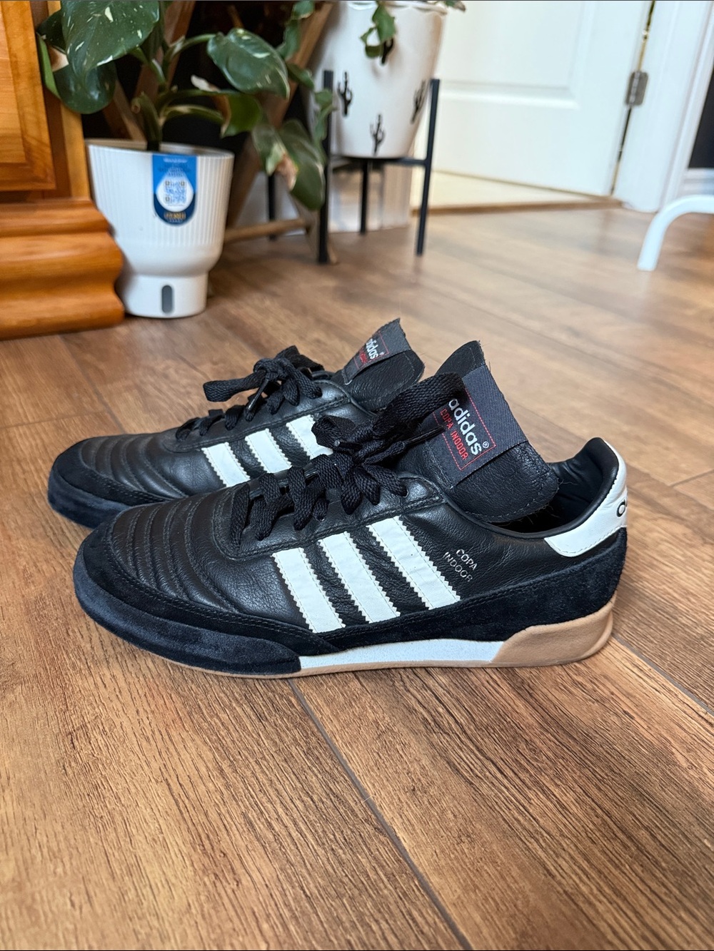 Adidas Black and White Copa Leather Indoor Sneakers with Tan Sole